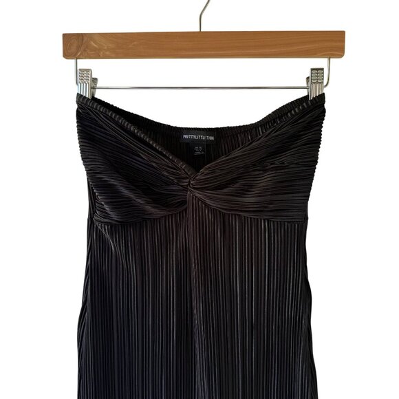 PrettyLittleThing Black Bodycon Dress Size 6 Plisse Knot Detail Bandeau Textured - Picture 2 of 8